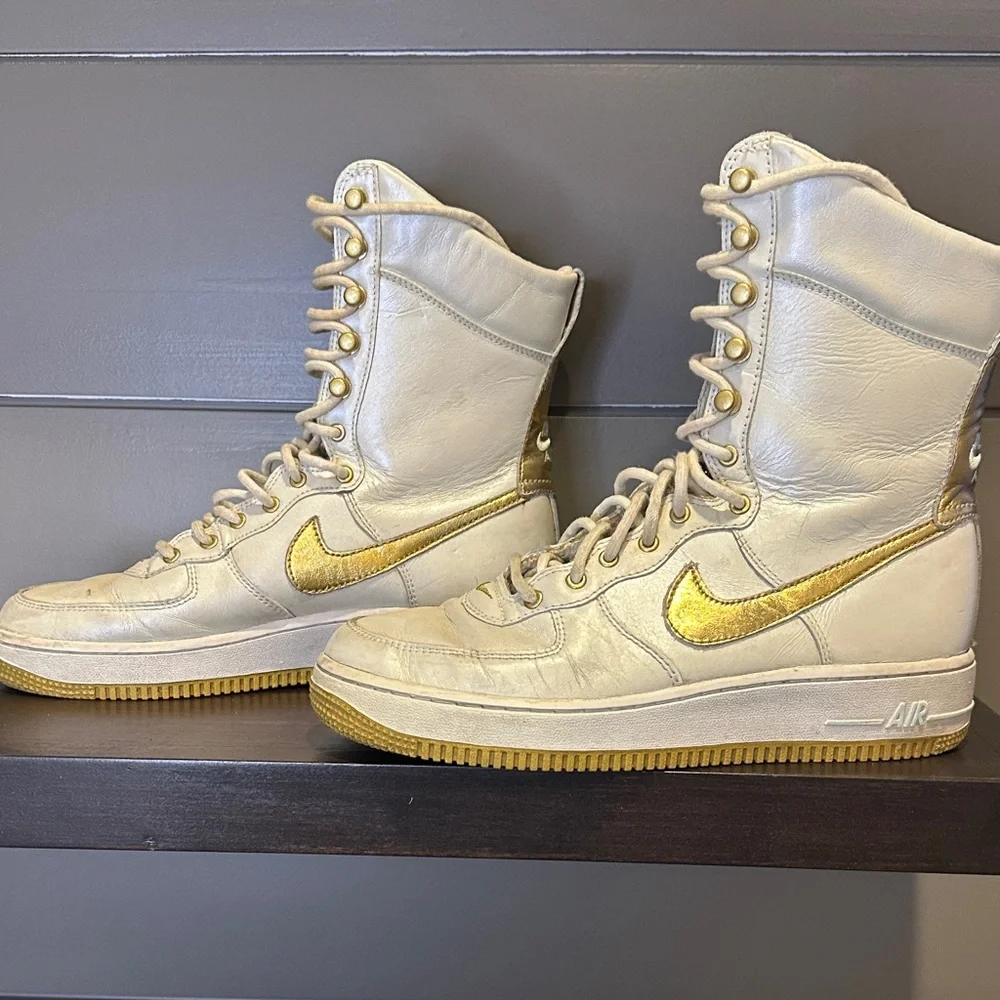 Women's Air Force One's 6‎ inch White and Metallic Gold Size 7.5